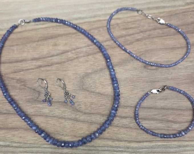 SET: TANZANITE FACETED Gemstone Sterling Silver Necklace Earrings Bracelet Anklet