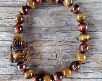 BROWN & Red TIGER EYE Buddha Chakra Stretch Bracelet All Natural Semi-Precious Stones Healing Metaphysical