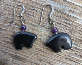 Bear Fetish Zuni Gemstone Earrings Sterling Silver Black Onyx & Amethyst