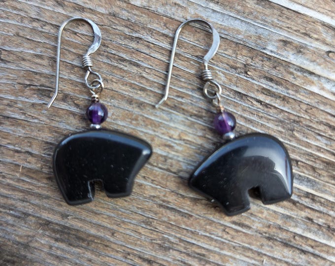 Bear Fetish Zuni Gemstone Earrings Sterling Silver Black Onyx & Amethyst