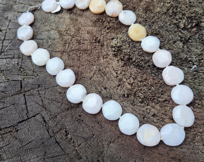 Pink Peruvian Opal Faceted Coin Natural Gemstone Sterling Silver Necklace