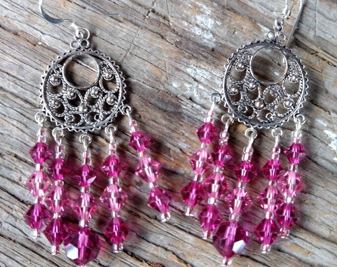 CHANDELIER EARRINGS: 2 Shades of Pinks Swarovski Crystal Colorful Wedding Prom Sterling Silver