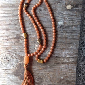 MALA: PEACH AVENTURINE & Tigereye Natural Gemstone Silk Tassel Necklace 108 count