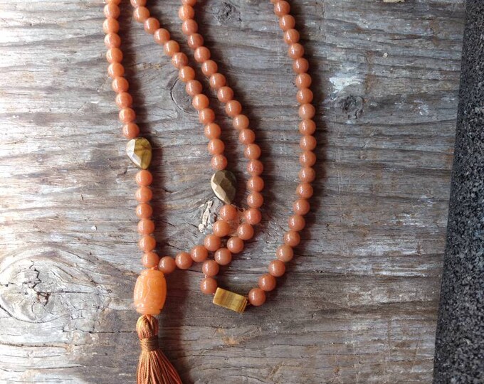 MALA: PEACH AVENTURINE & Tigereye Natural Gemstone Silk Tassel Necklace 108 count