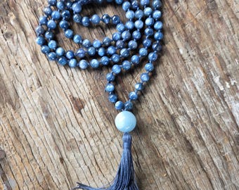 MALA: Kyanite Aquamarine Beads Silk Tassel Necklace 108 Count Plus Guru Bead