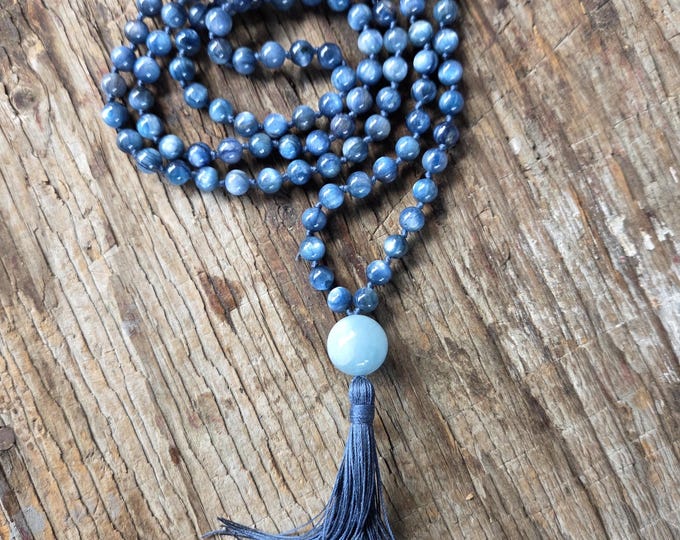 MALA: Kyanite Aquamarine Beads Silk Tassel Necklace 108 Count Plus Guru Bead