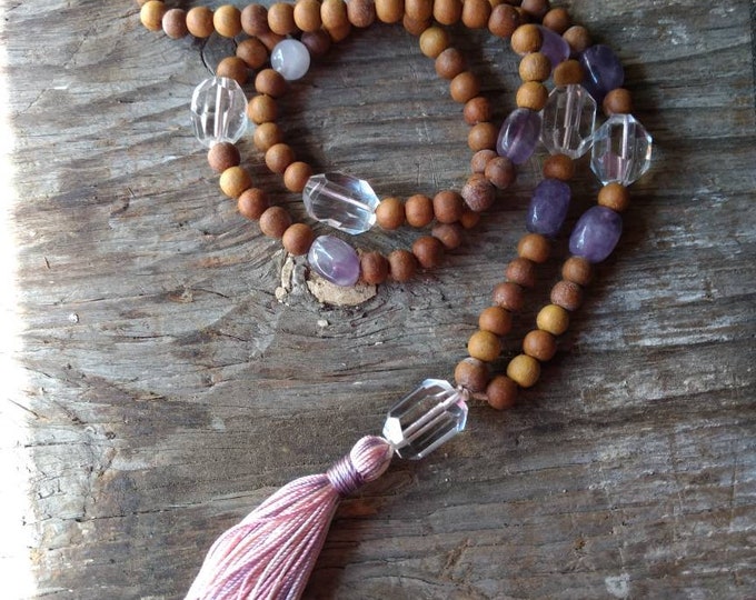 MALA: SANDALWOOD & CRYSTAL Rock Quartz Amethyst Rose Quartz Natural + Fragrant Beads Silk Tassel Necklace