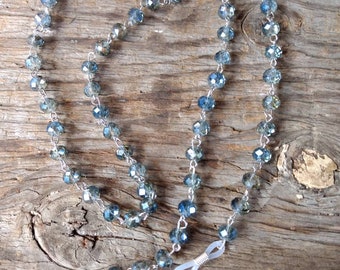 Steel BLUE GREY, Flash Beads, Czech Glass Beads, Linked Silver Wire Eyeglass Chain