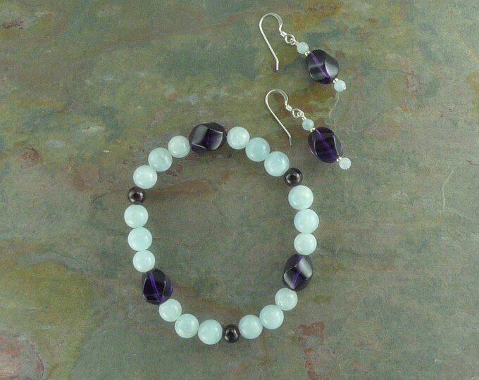 SET: AQUAMARINE AMETHYST & Garnet Chakra Stretch Bracelet w/Earrings Set All Natural Semi-Precious Stones Healing Metaphysical