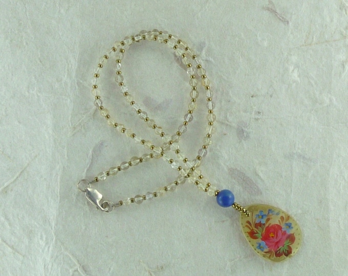 Floral Painted Mother of Pearl Pendant with Natural Citrine & Lapis Lazuli Necklace