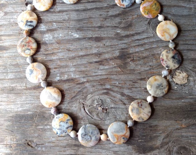 CRAZY LACE AGATE Large Coin Necklace All Natural Semi-Precious Stones Healing Metaphysical