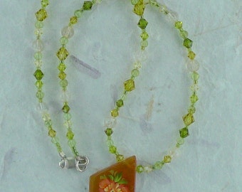 Floral Russian Hand-Painted Carnelian w/ Citrine, Peridot & Swarovski Crystal Sterling Silver Necklace