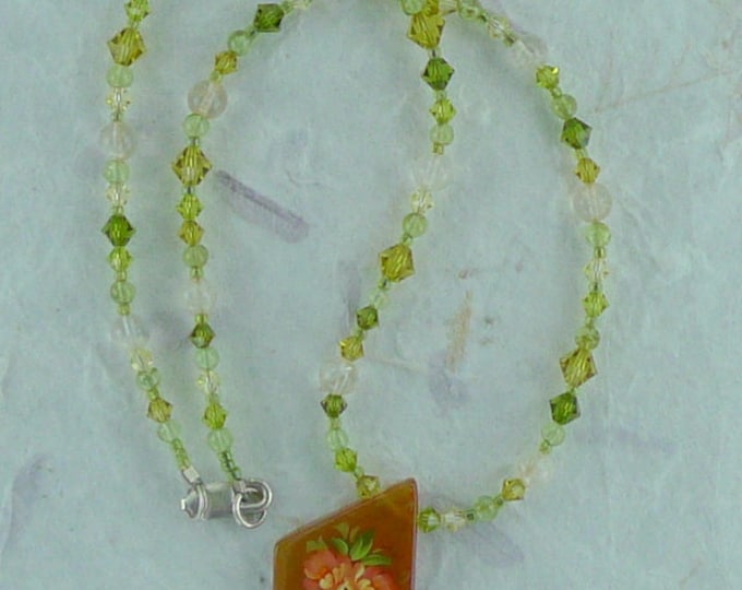 Floral Russian Hand-Painted Carnelian w/ Citrine, Peridot & Swarovski Crystal Sterling Silver Necklace
