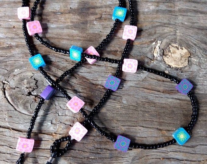 SALE: Whimsical Multiple Color SQUARES Fimo Polymer Clay, Glass Beads, Eyeglass Chain