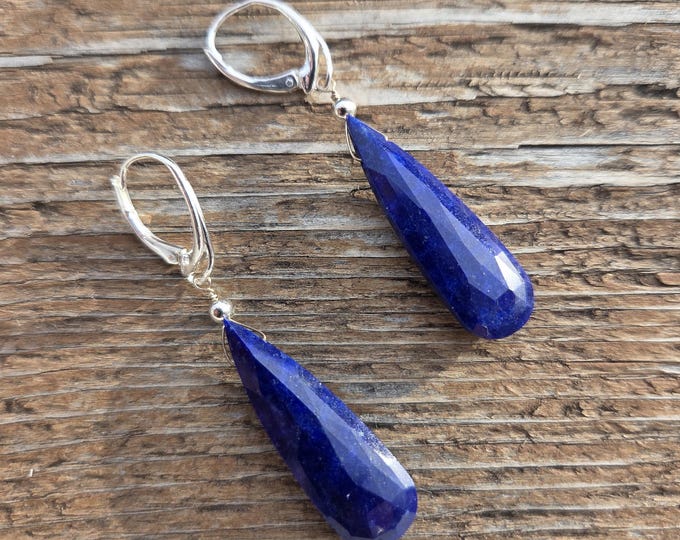LAPIS LAZULI ~ WoW! Long Faceted Teardrops Gemstone Earrings Sterling Silver Natural Stone