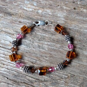 Swarovski Crystal Topaz & Rose Bracelet Bali Beads Sterling Silver