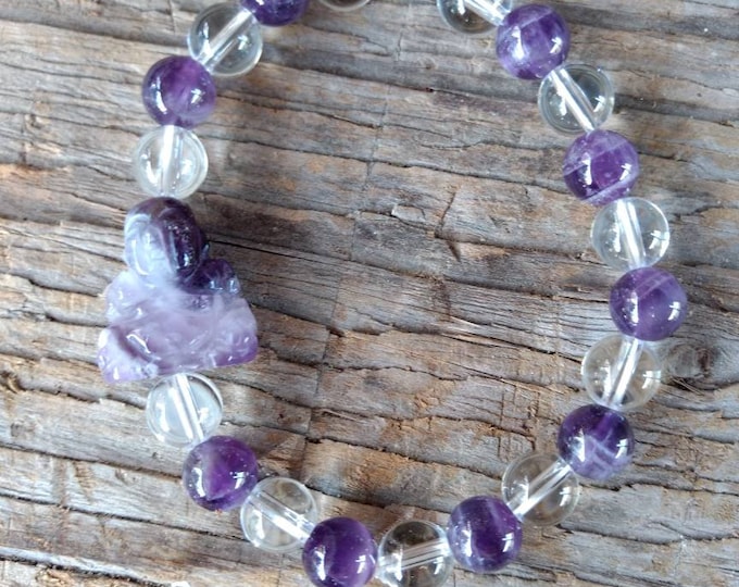 ROCK QUARTZ w/ AMETHYST Buddha Chakra Stretch Bracelet All Natural Semi-Precious Stones Healing Metaphysical