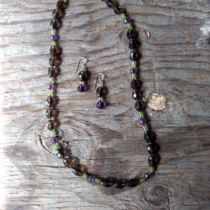SET: SMOKEY Quartz, PERIDOT w/ Amethyst Faceted Necklace & Earrings Set, Sterling Silver