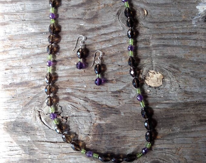 SET: SMOKEY Quartz, PERIDOT w/ Amethyst Faceted Necklace & Earrings Set, Sterling Silver