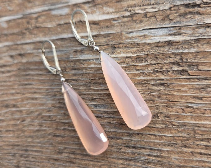 PINK CHALCEDONY ~ WoW! Long Faceted Teardrops Gemstone Earrings Sterling Silver Natural Stone