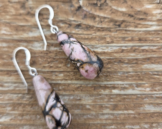 RHODONITE TEARDROPS Gemstone Earrings Sterling Silver Natural Stone