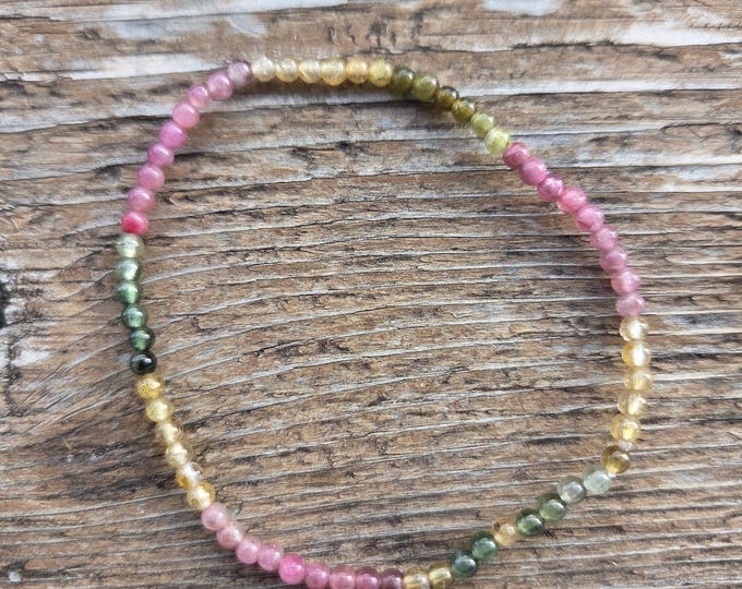 WATERMELON TOURMALINE Small Bead Chakra Stretch Bracelet All Natural Semi-Precious Stones Healing Metaphysical