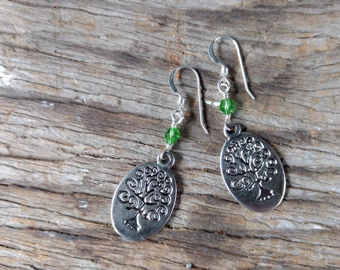 Tree of Life Pewter Charm GREEN Swarovski Cyrstal Sterling Silver Earrings