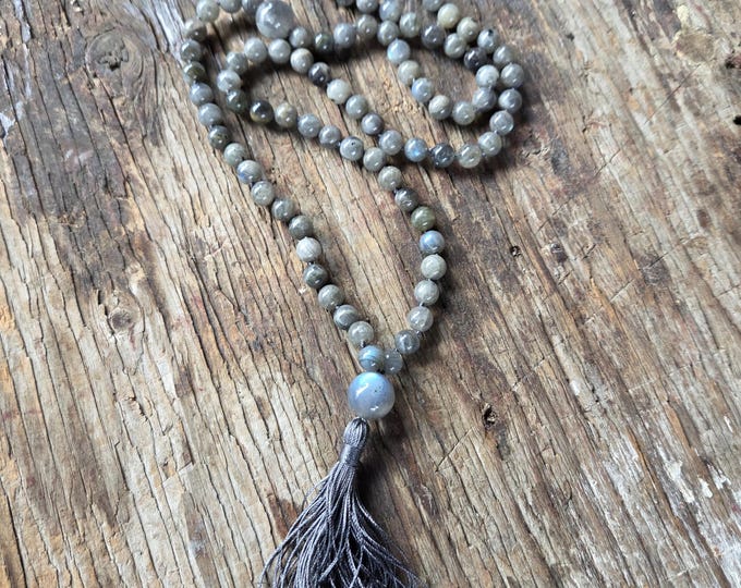 MALA: Labradorite Flashy Beads Silk Tassel Necklace 108 Count Plus Guru Bead