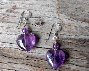 Amethyst HEART Gemstone Earrings Sterling Silver Natural Stone