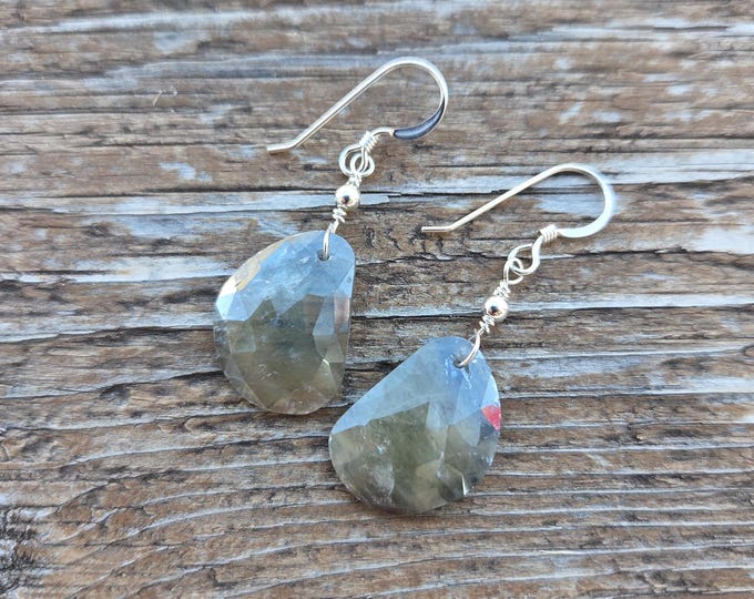 SAPPHIRE Slice Faceted Rough Sapphire Gemstone Earrings Sterling Silver Natural Stone