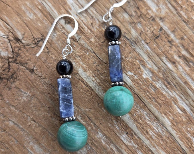 MALACHITE SODALITE BLACK Onyx Gemstone Earrings Sterling Silver Natural Stone
