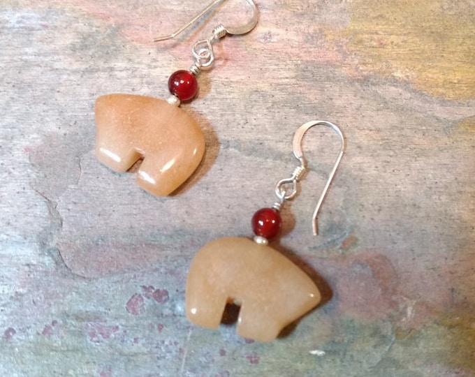 Bear Fetish Zuni Gemstone Earrings Sterling Silver Peach Aventurine & Carnelian