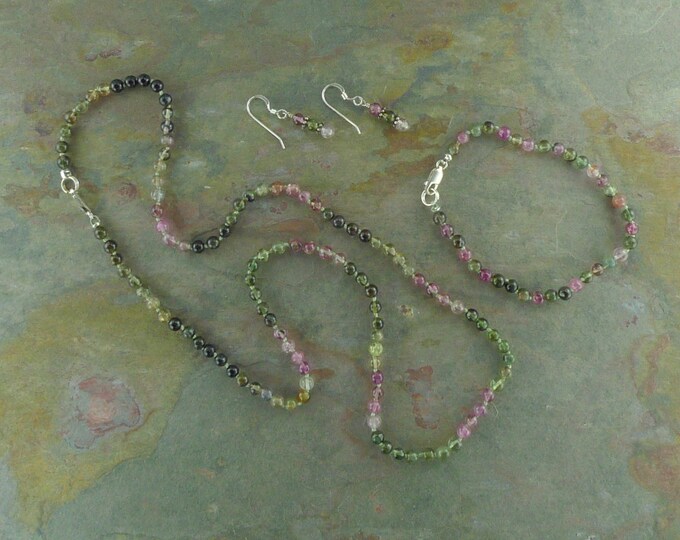 SET: WATERMELON TOURMALINE Necklace Bracelet & Earring Set All Natural Semi-Precious Stones Healing Metaphysical