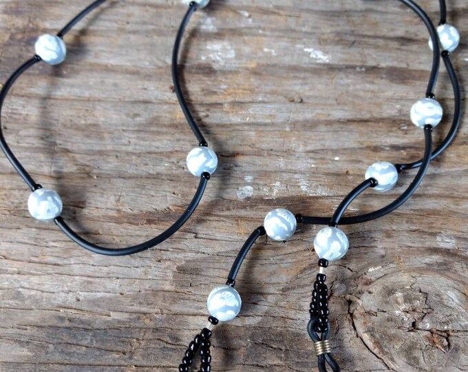 SALE: GREY & WHITE, Fimo Polymer Clay and Glass Beads Eyeglass Chain