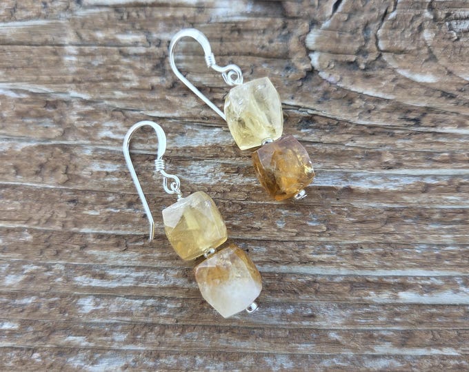 CITRINE CUBE Gemstone Earrings Sterling Silver Natural Stone