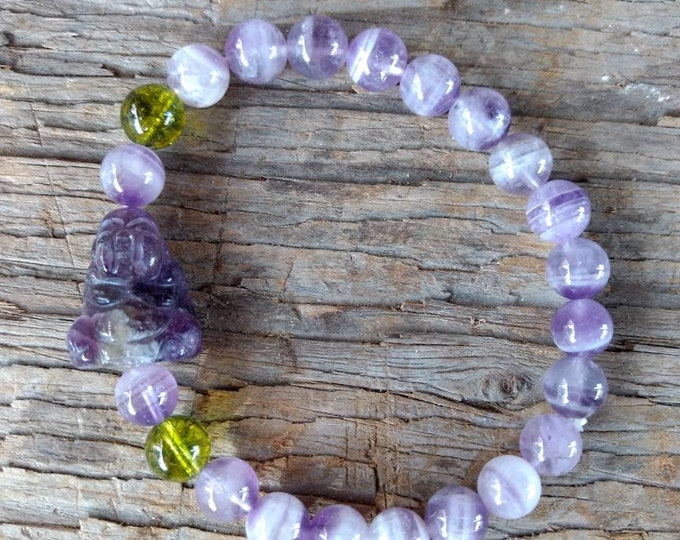 AMETHYST & PERIDOT w/ Amethyst Buddha Chakra Stretch Bracelet All Natural Semi-Precious Stones Healing Metaphysical