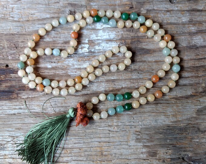 MALA: Yellow, Orange & Green Aventurine WOOD PIG Piglet Guru Bead Silk Tassel Necklace