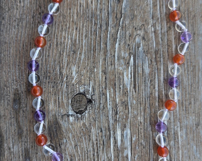 CARNELIAN, AMETHYST, Clear QUARTZ Sterling Silver Necklace
