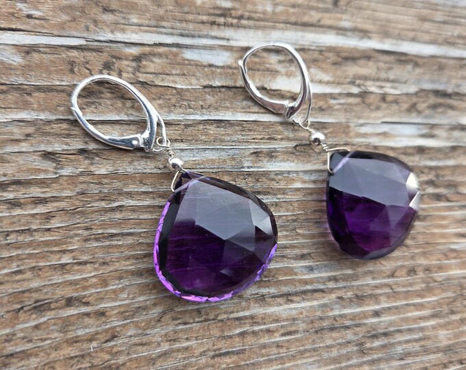 AMETHYST ~ WoW! Long Faceted Teardrops Gemstone Earrings Sterling Silver Natural Stone