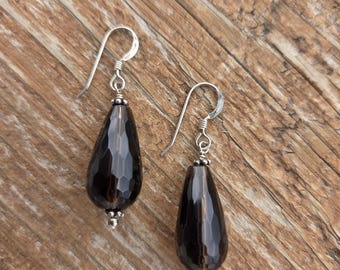 SMOKEY SMOKY QUARTZ Faceted Gemstone Earrings Sterling Silver Natural Stone