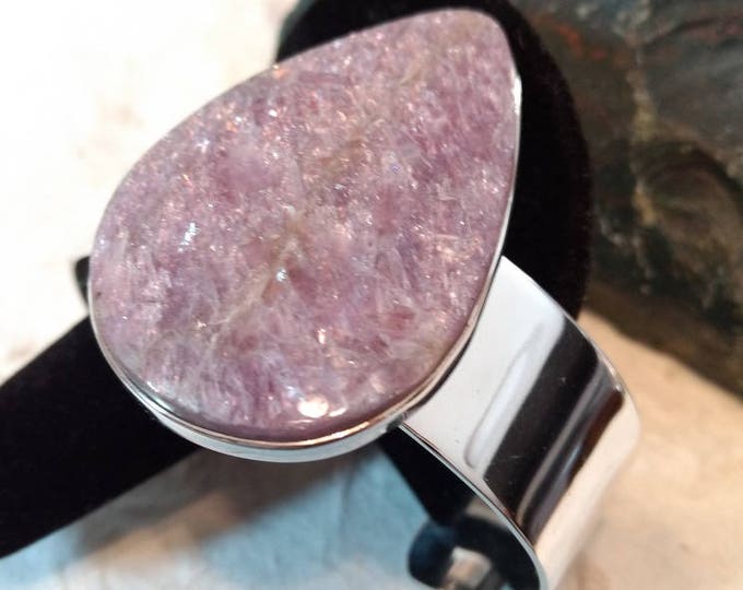 LEPIDOLITE Stone STATEMENT Cuff BRACELET Sterling Silver Wide Band Wow!