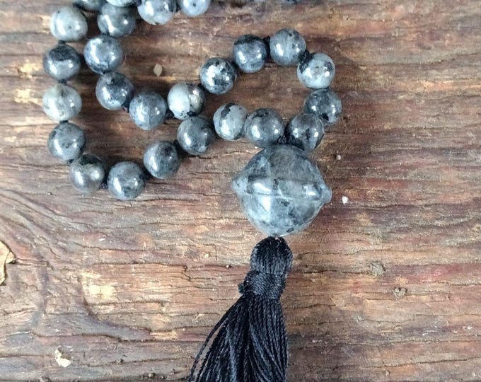 MALA: Larkavite (black labradorite) Beads Silk Tassel Necklace 108 Count