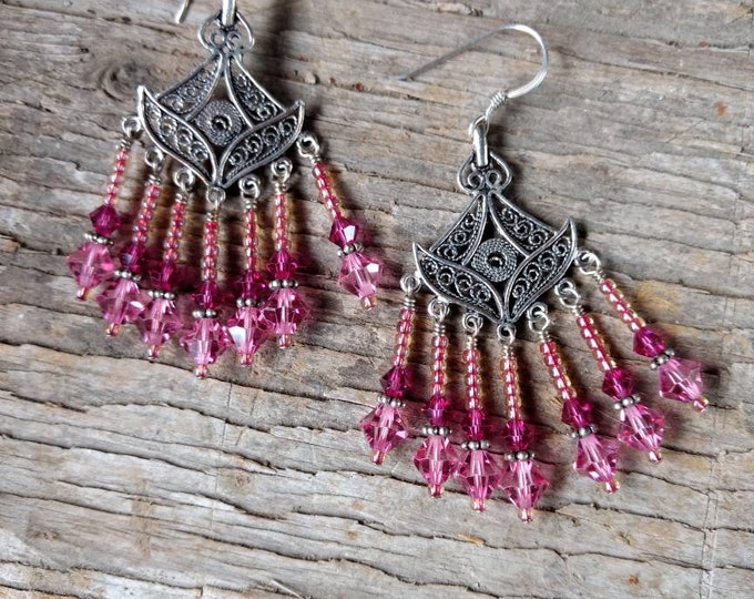 CHANDELIER EARRINGS: 2 Shades of Pinks Swarovski Crystal Colorful Wedding Prom Sterling Silver