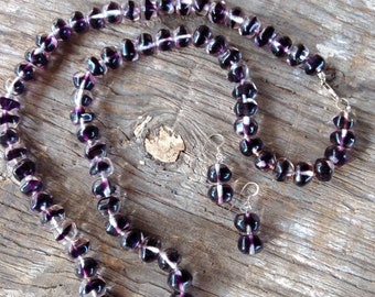 SALE: Vintage German PURPLE & CLEAR Glass Necklace w/ Earrings Set