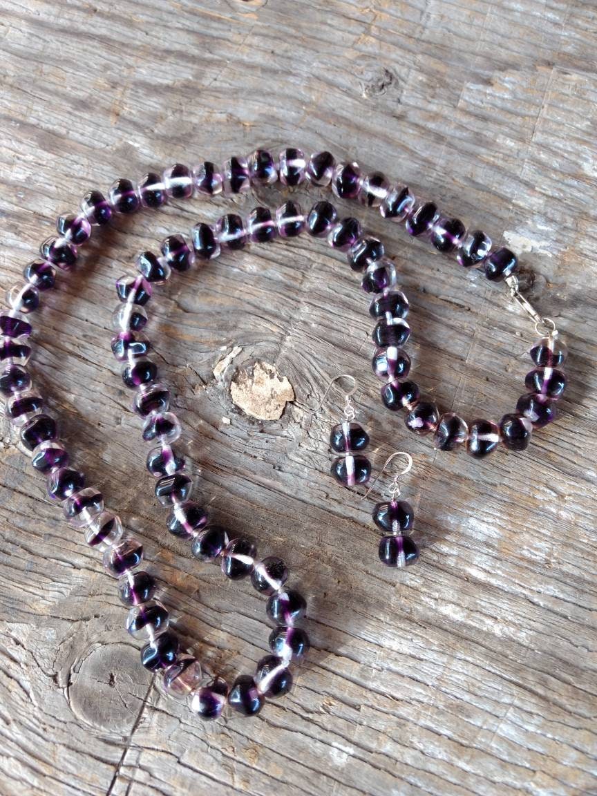 SALE: Vintage German PURPLE & CLEAR Glass Necklace w/ Earrings Set