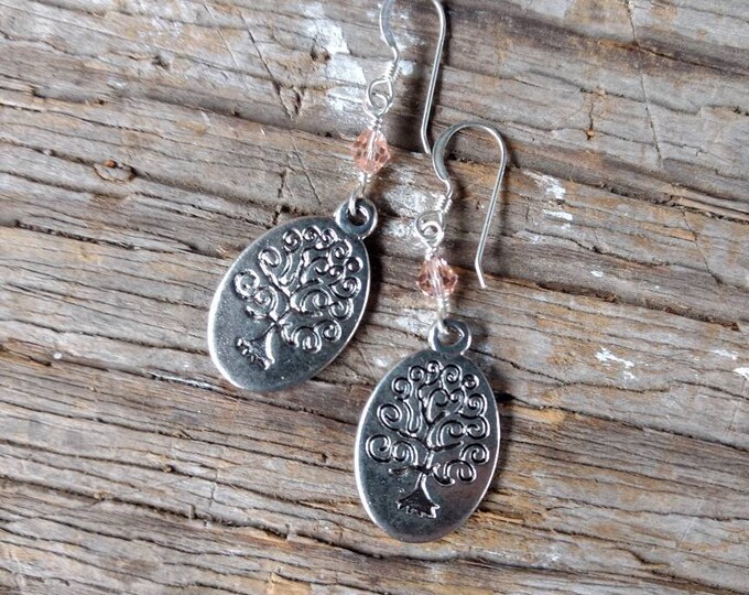 Tree of Life Pewter Charm PEACH Swarovski Cyrstal Sterling Silver Earrings