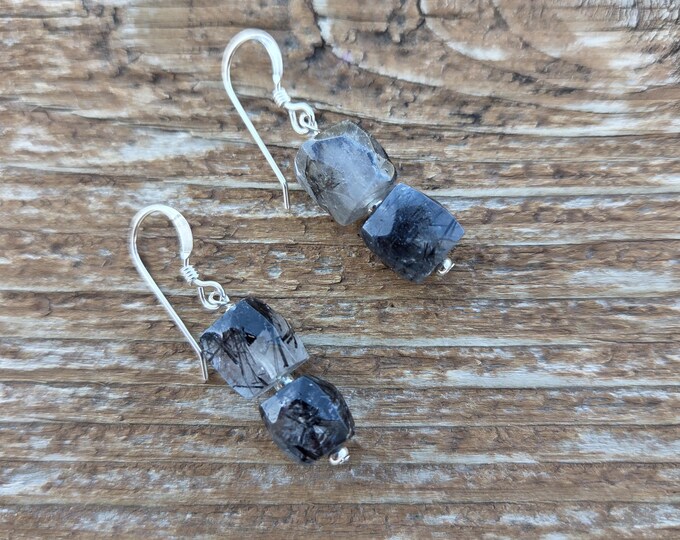 TOURMALINATED QUARTZ CUBE Gemstone Earrings Sterling Silver Natural Stone