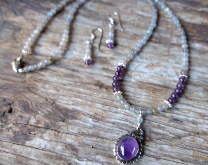 SET: AMETHYST & LABRADORITE Sterling Silver Necklace w/ Earrings