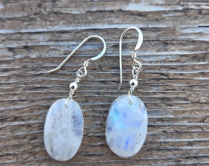 RAINBOW MOONSTONE Gemstone Earrings Sterling Silver Natural Stone