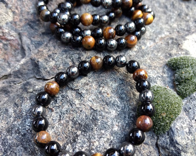HEMATITE TIGEREYE OBSIDIAN Chakra Stretch Bracelet All Natural Semi-Precious Stones Healing Metaphysical